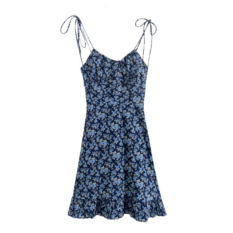 Summer New Cross-Border European And American Style Short For Petite Girls, Sleeveless Blue Floral Strap Dress Wholesale_ecoleips.com