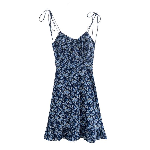 Summer New Cross-Border European And American Style Short For Petite Girls, Sleeveless Blue Floral Strap Dress Wholesale_ecoleips.com