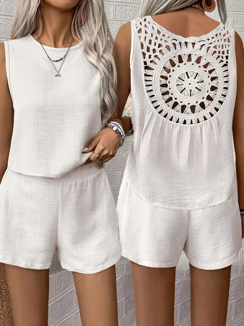 Summer Sleeveless Solid Color Back Hollow Lace Shorts Set Women's Clothing_ecoleips.com