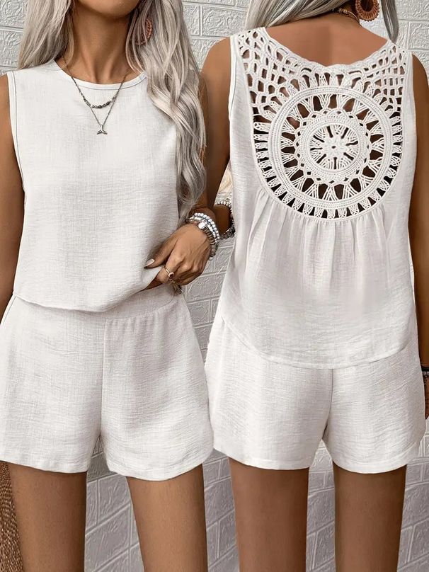Summer Sleeveless Solid Color Back Hollow Lace Shorts Set Women's Clothing_ecoleips.com