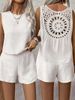 Summer Sleeveless Solid Color Back Hollow Lace Shorts Set Women's Clothing_ecoleips.com
