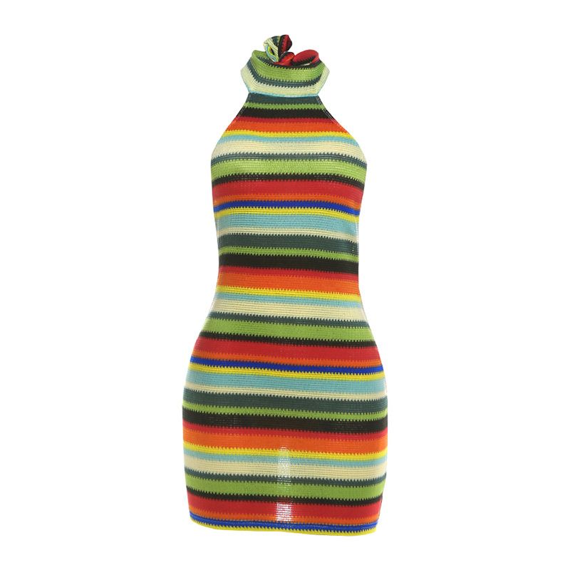 Slim Backless Halter Neck Tie Color Block Bodycon Dress for Women Sexy Hot Girl New Style Spring Summer_ecoleips.com