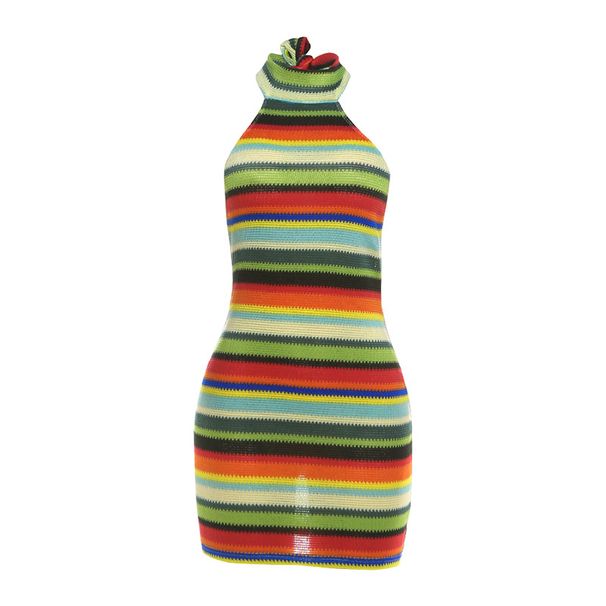 Slim Backless Halter Neck Tie Color Block Bodycon Dress for Women Sexy Hot Girl New Style Spring Summer_ecoleips.com