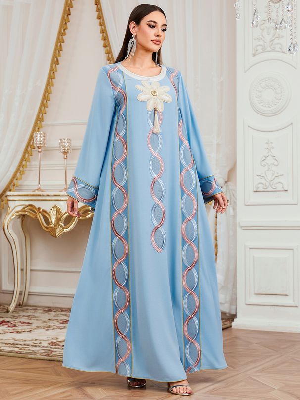 Women's Ethnic Style Long Robe Dress Floral Print Embroidered Fashionable Elegant Loose Fitting Evening Gown with Long Sleeves_ecoleips.com