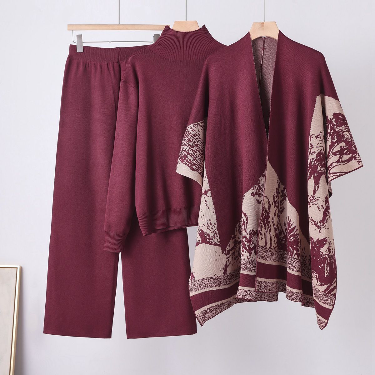 Women's Three Piece Knitted Suit Cross Border European American Style Shawl Coat Spring Autumn Sweater Loose Wide Leg Pants Casual Fashion_ecoleips.com