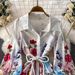 Women's Elegant Floral Print Blouse Dress French Vacation Style Lantern Sleeves Waist Tie Mid-Length A-Line Dress_ecoleips.com