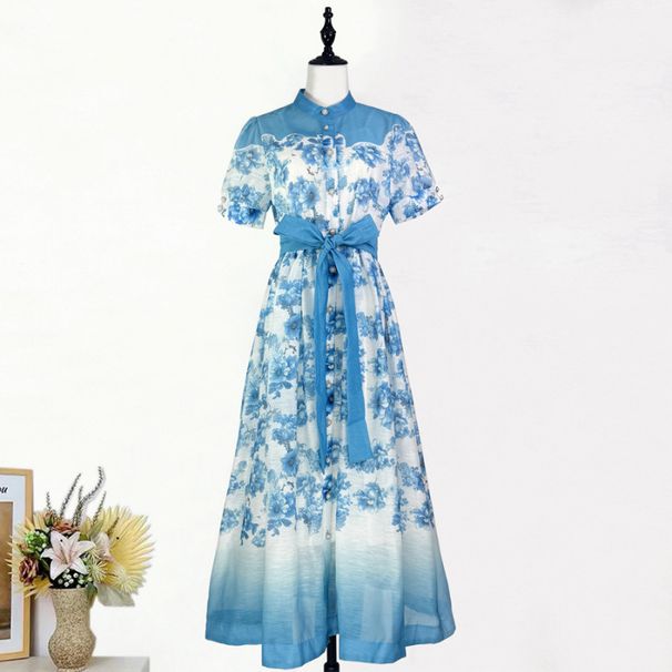 Elegant French Style Women's Dress Stand up Collar Puff Sleeves Retro Print Single Breasted Fitted Waist Tie Detail_ecoleips.com