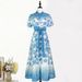 Elegant French Style Women's Dress Stand up Collar Puff Sleeves Retro Print Single Breasted Fitted Waist Tie Detail_ecoleips.com