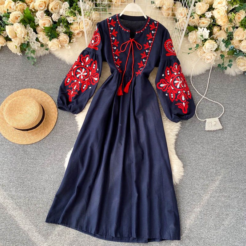 Bohemian Ethnic Style Long Dress for Women round Neck Lantern Sleeve Embroidered Floral Loose Slimming Versatile Dress Free Shipping_ecoleips.com