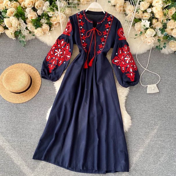 Bohemian Ethnic Style Long Dress for Women round Neck Lantern Sleeve Embroidered Floral Loose Slimming Versatile Dress Free Shipping_ecoleips.com