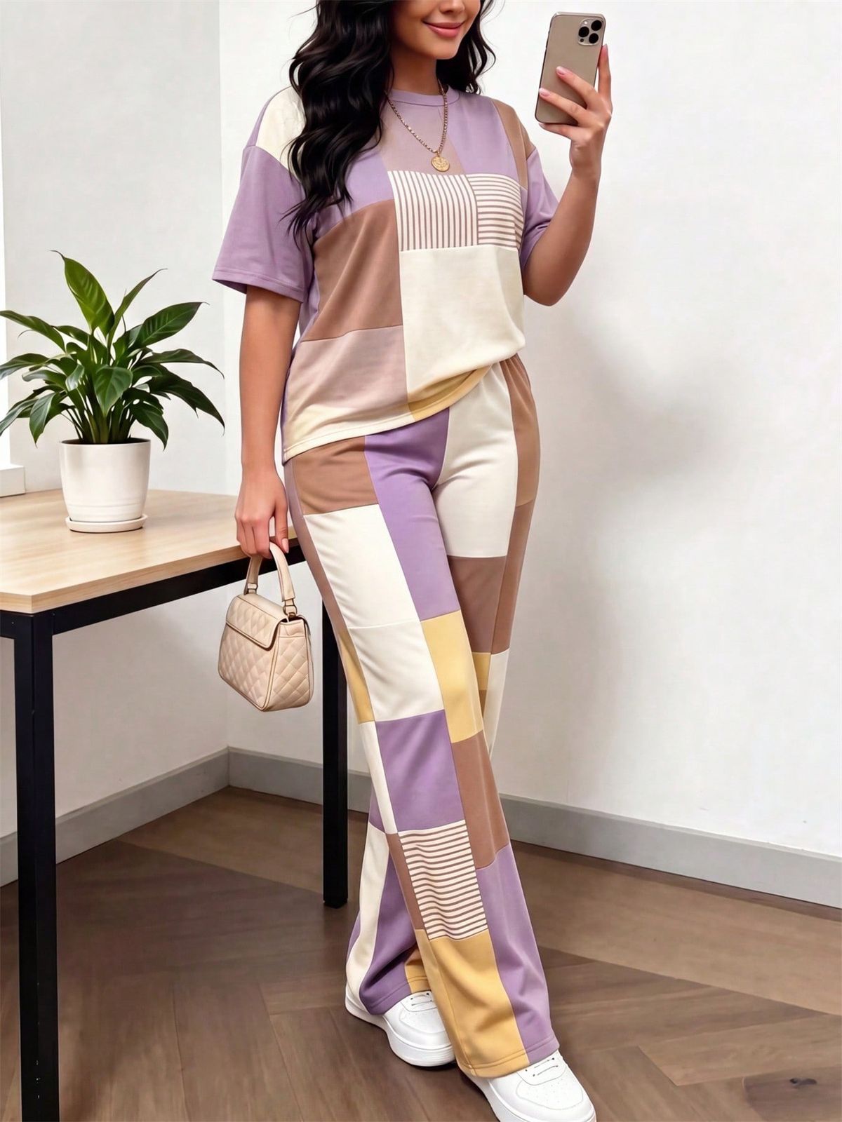 Color Block Women's Casual Street Style Two-Piece Outfit T-Shirt And Elastic Waist Wide-Leg Pants Set Short Sleeve_ecoleips.com