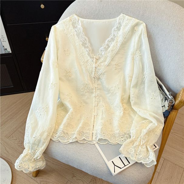 Women's Clothing Korean Style Women's Long Sleeve Lace Shirt Hollow V Neck Crochet Top Fashionable And Youthful For Spring And Autumn_ecoleips.com