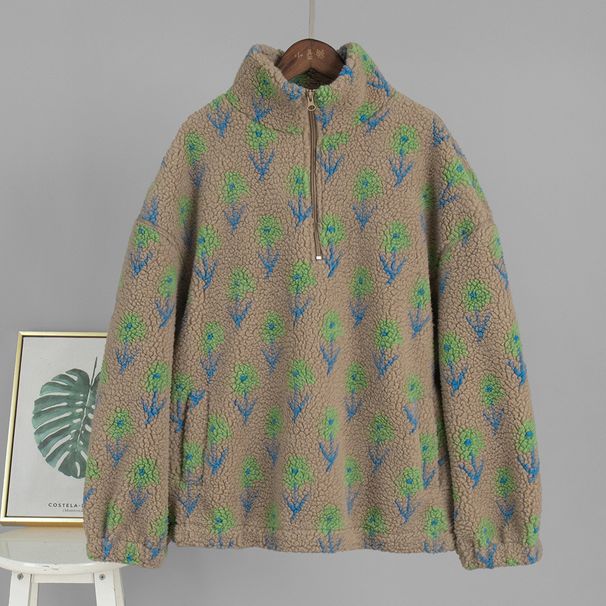 Unisex Fleece Jacquard Pullover High Neck Half-Zip Sweatshirt Winter Warm Floral Print Loose Fit Smart Half-Zip_ecoleips.com