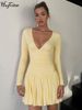 Hugcitar Elegant V Neck Long Sleeve Ruched Frill Sexy Pleated Mini Dress Autumn Women Clothes Birthday Party Vacation Wholesale_ecoleips.com