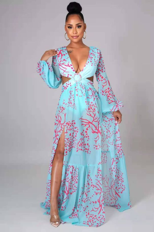 Women's Clothing Fashion Sexy Printed Lantern Long Sleeved V Neck Slit Dress Mp 698_ecoleips.com