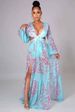 Women's Clothing Fashion Sexy Printed Lantern Long Sleeved V Neck Slit Dress Mp 698_ecoleips.com