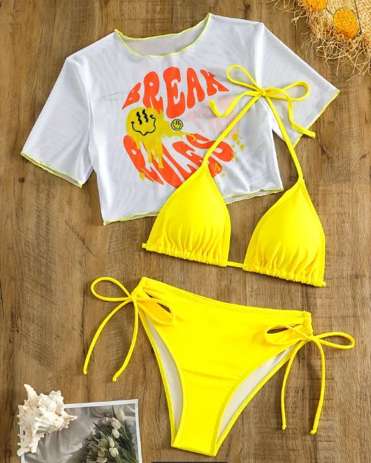 Women's Clothing Bikini Three Piece Set Bikini Printed Short Sleeved Sunscreen Mesh Swimsuit_ecoleips.com