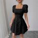 Summer Slim Fit Elegant Women's Dress Style Solid Color Jacquard Puff Sleeve Square Neck French Style Vacation Dress_ecoleips.com