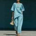 Women's Wrinkle Textured Two-Piece Set Relaxed Fit Short Sleeve Top With Asymmetrical Hem And Wide-Leg Pants_ecoleips.com