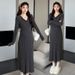 Autumn New Korean Fashion Lace V-Neck Gray Two-Piece Maternity Dress_ecoleips.com