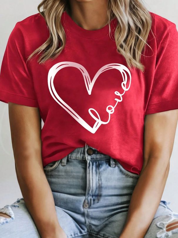 Cross-border Independent Site Best-selling Heart-printed Red Round-neck Loose T-shirt, Exclusively Available On_ecoleips.com