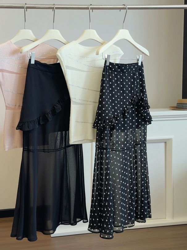 Black Ruffled Midi Skirt for Women Summer Style Elegant Design Mesh Paneling High Waist Slimming Flowing Bodycon Long Skirt_ecoleips.com