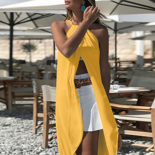 Women's Clothing Summer New Solid Color Sleeveless Holiday Style Casual Mid Length Dress_ecoleips.com