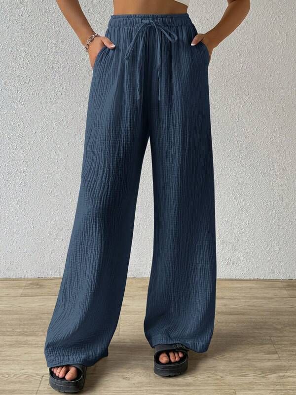 Women's Clothing Elegant Versatile Elastic Casual Solid Color Trousers Wide Leg Pants_ecoleips.com