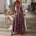 European And American Cross-border Bohemian Style Bell-sleeve Printed V-neck High-waisted Holiday Floral Long Dress For_ecoleips.com