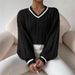 Chic Contrast Cable Knit Sweater For Women - Oversized V-Neck Long Sleeve Pullover With Lantern Sleeves, Soft Acrylic Blend, Autumn Winter Essential_ecoleips.com