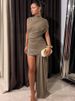 Mozision Irregular Draped Ruched Sexy Mini Dress For Women Elegant Turtleneck Sleeveless High Waist Pleated Club Party Dress_ecoleips.com