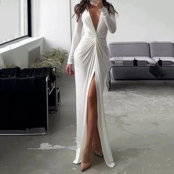 Women's Clothing Women's New Solid Color Fashion Sexy Deep V Neck Long Sleeve Slim Split Twist Pleated Skirt Dress_ecoleips.com