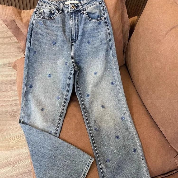 Women’s Clothing Retro Hot Diamond Embroidered Flower Jeans For Women Spring High Waist Loose Slim Loose Wide Leg Trousers_ecoleips.com