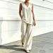 Women's Casual V-Neck Cotton Linen Top And Wide Leg Pants Two-Piece Set Fashion For Comfortable Style_ecoleips.com
