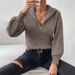 Women's Clothing Zip-Up Polo Neck Knit Sweater - Breathable Polyester Blend Casual Pullover With Ribbed Detailing_ecoleips.com