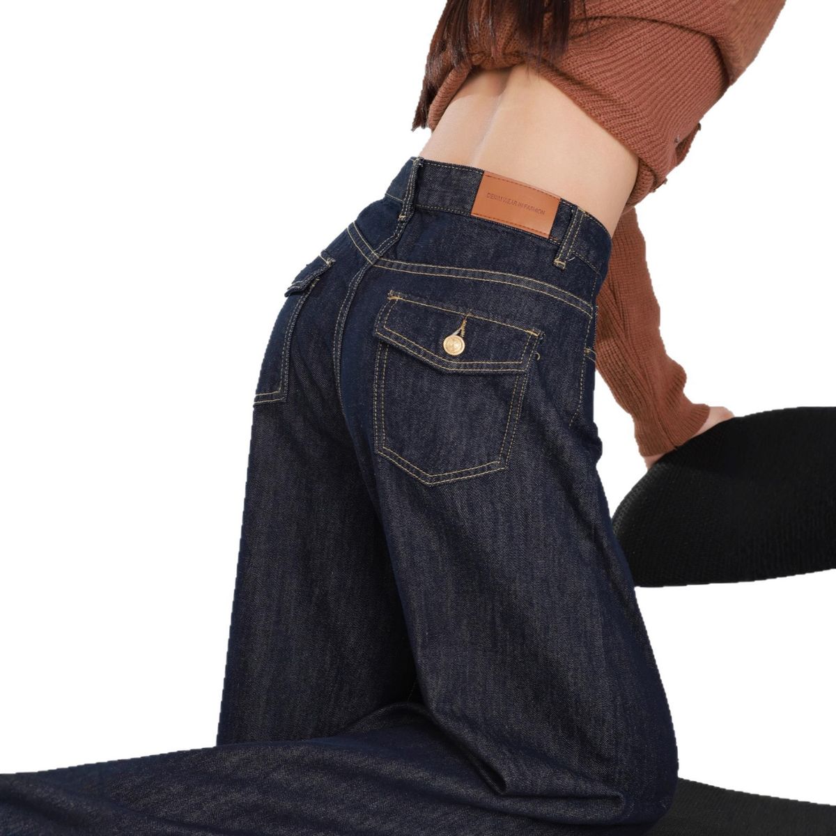 Dark Blue High-waisted Wide-leg Jeans Women's 2025 New Spring And Autumn Loose Drape Straight Casual Trousers_ecoleips.com
