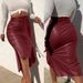 Aria Basics Aria Basics Autumn Winter European And American Foreign Trade Leather Women's Fashion Slit Slim Mid-Length Bodycon Half PU_ecoleips.com
