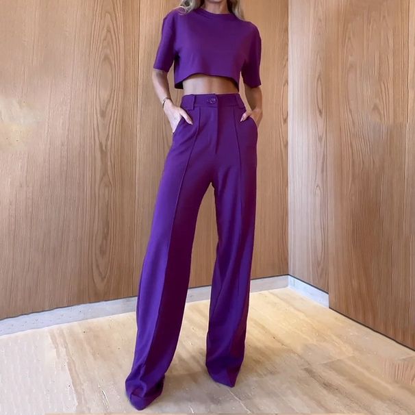 Women's Clothing Set Fashion Round Neck Short Sleeve Top Straight Trousers Solid Color Two-piece Set_ecoleips.com