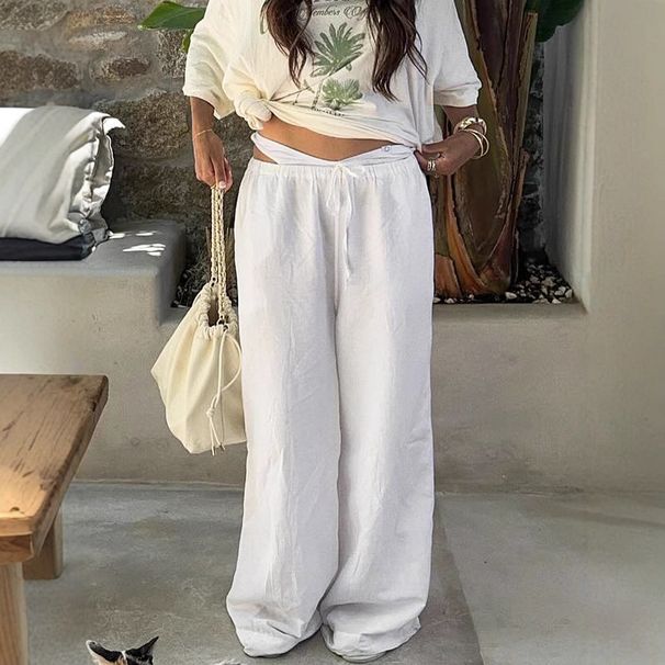 Women's Clothing Solid Color Elastic Cotton And Linen Drawstring Street Style Trousers, White Casual Straight Leg Floor Length Trousers_ecoleips.com
