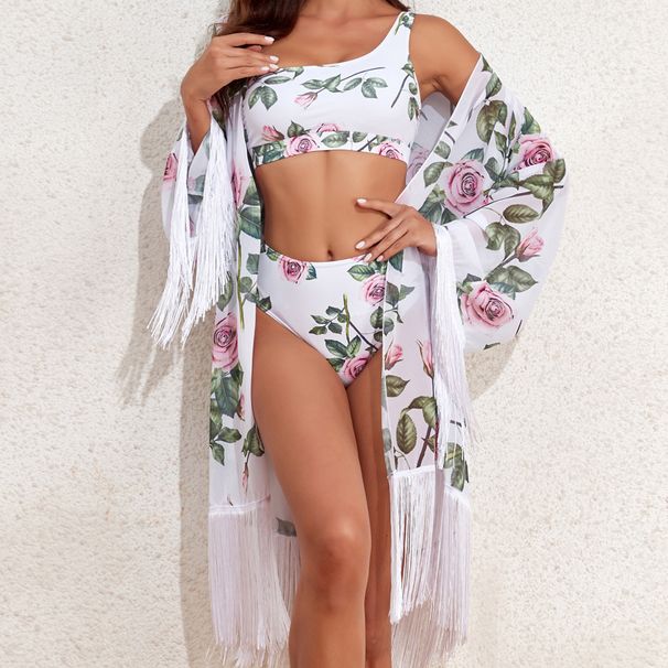 Women's Clothing Three Piece Bikini Set Mesh Sun Protection Print Cover Up Swimsuit Sexy Vacation Style_ecoleips.com