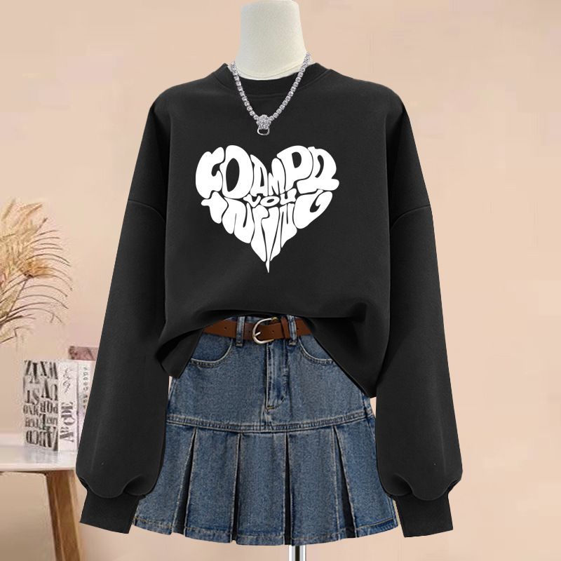 Women's Thickened Long Sleeved Sweatshirt Pure Cotton Printed Fleece Lined Korean Style Versatile T-Shirt for Autumn Winter_ecoleips.com