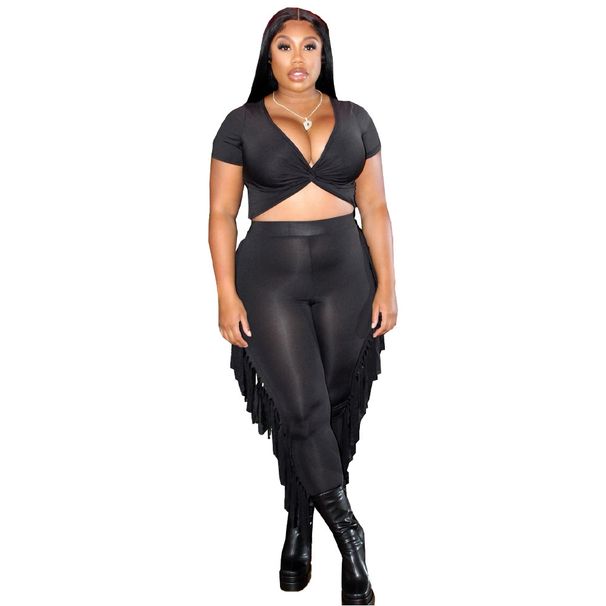 DN8701 Women's Fashion Summer New Tassel Long Pants Cross Short Sleeve Two-Piece Set_ecoleips.com