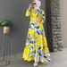 Women's Clothing Elegant Long Sleeved Waist Slimming Printed Pleated Large Swing Dress_ecoleips.com