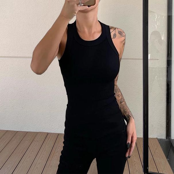 Solid Basic Tank Soft Top For Women Summer Outfits Tight Sexy Round Neck Tank Top Knitted Bottom Shirt Sleeveless Top Outerwear_ecoleips.com