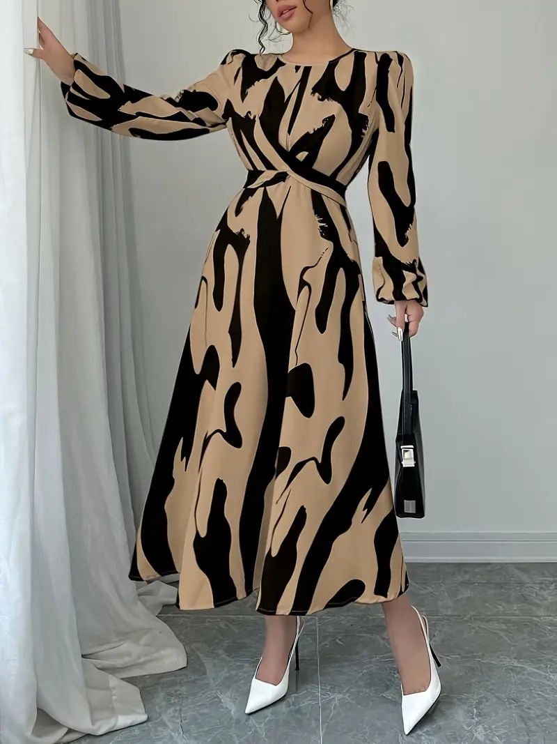 Women's Clothing 2025 New Commuter Fashion Round Neck Long Sleeve Waist Large Swing Dress Female_ecoleips.com
