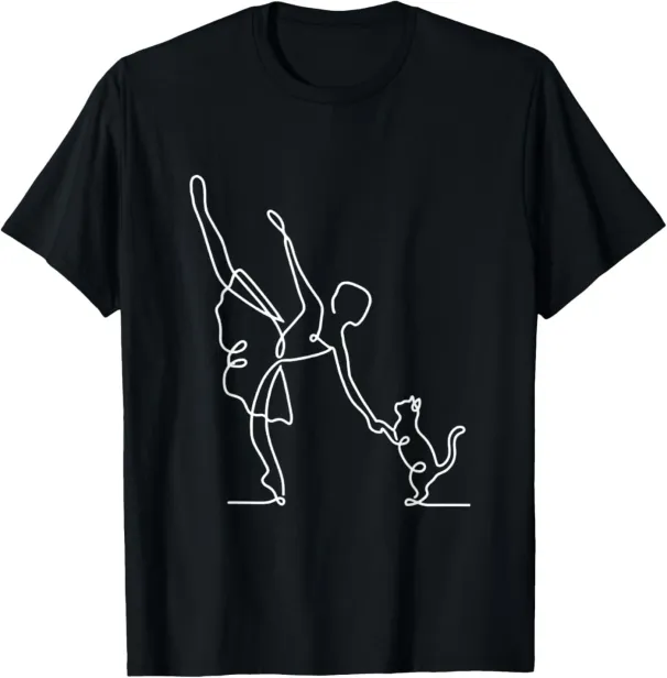 Women's T-Shirts Minimalist Ballerina And Cat Line Art Ballet Dancer Pet Love T-Shirt_ecoleips.com