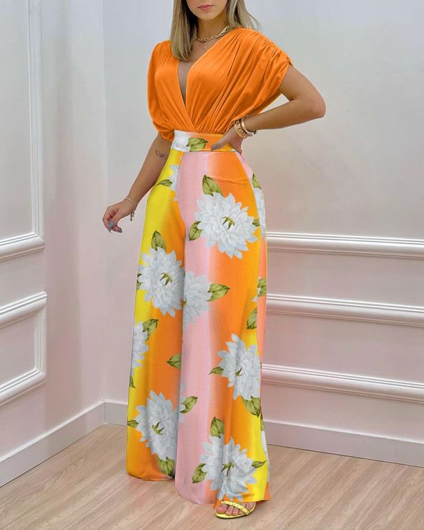 Summer New Printed Pants Sets Women Fashion Raglan Sleeves V-neck Cropped Top High Waist Wide Legs Trousers Two Piece Set Female_ecoleips.com