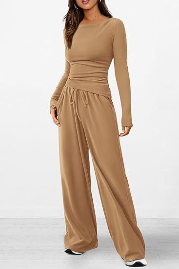 Women's Casual Suit Asymmetrical Long Sleeve T-Shirt Wide Leg Pants Sportswear_ecoleips.com