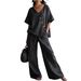 Women's Clothing Summer Casual Cotton Linen Two Piece Set V Neck Wide Leg Pants Style Loose Fit Vacation Wear_ecoleips.com