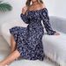 Spring/Summer Women's Elegant Floral Square Neck Long Sleeve Fitted Waist Ruffle A-Line Skirt Casual Thin Dress for Ages 16-45_ecoleips.com